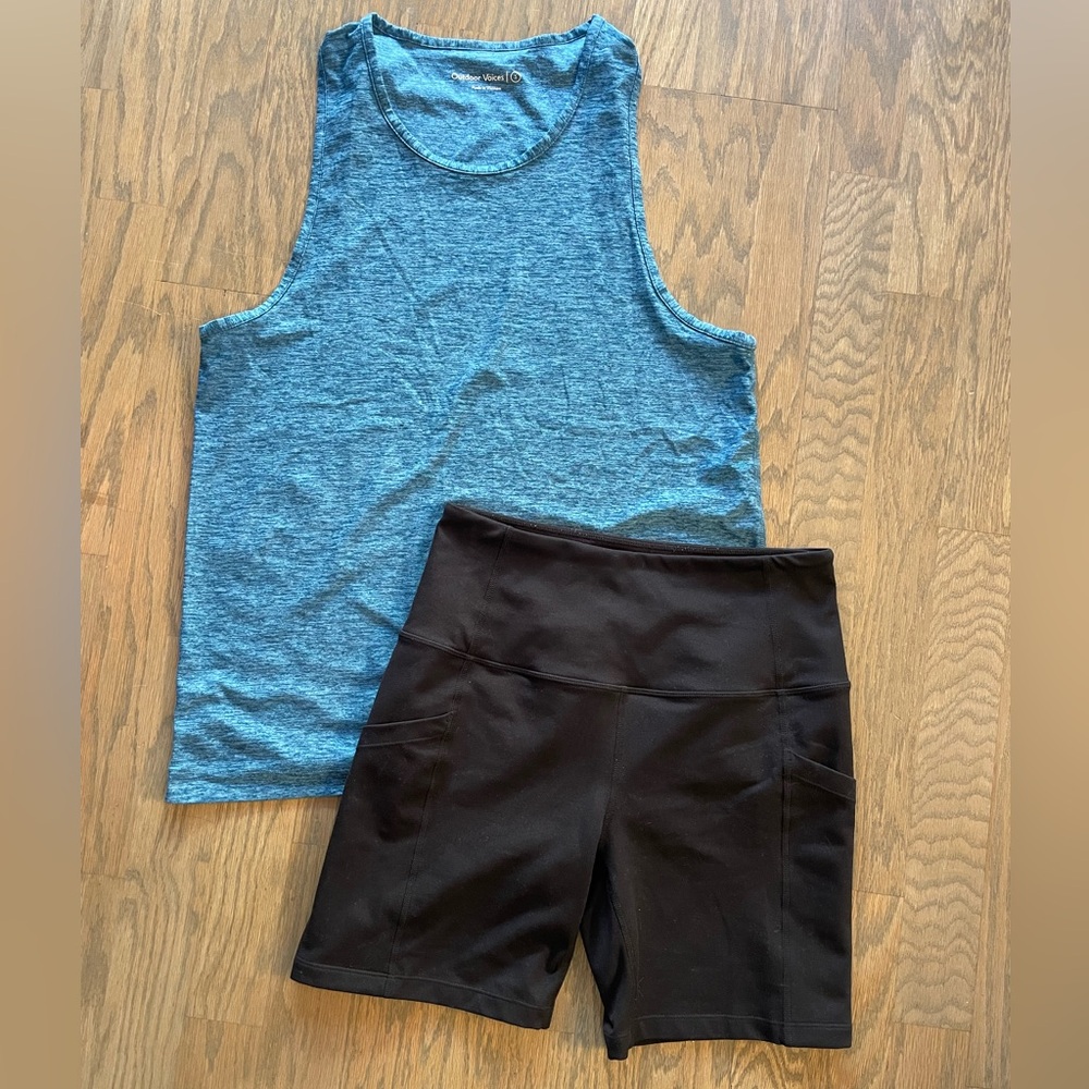 Outdoor voices teal tank top and Zella black workout spandex shorts size S M EUC
